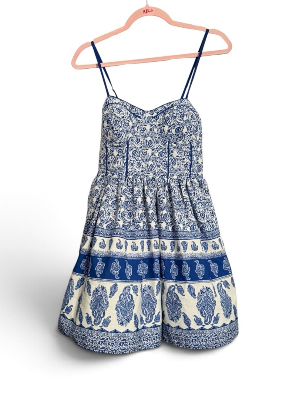 Band of Gypsies Blue and Cream Paisley Spaghetti Strap Dress